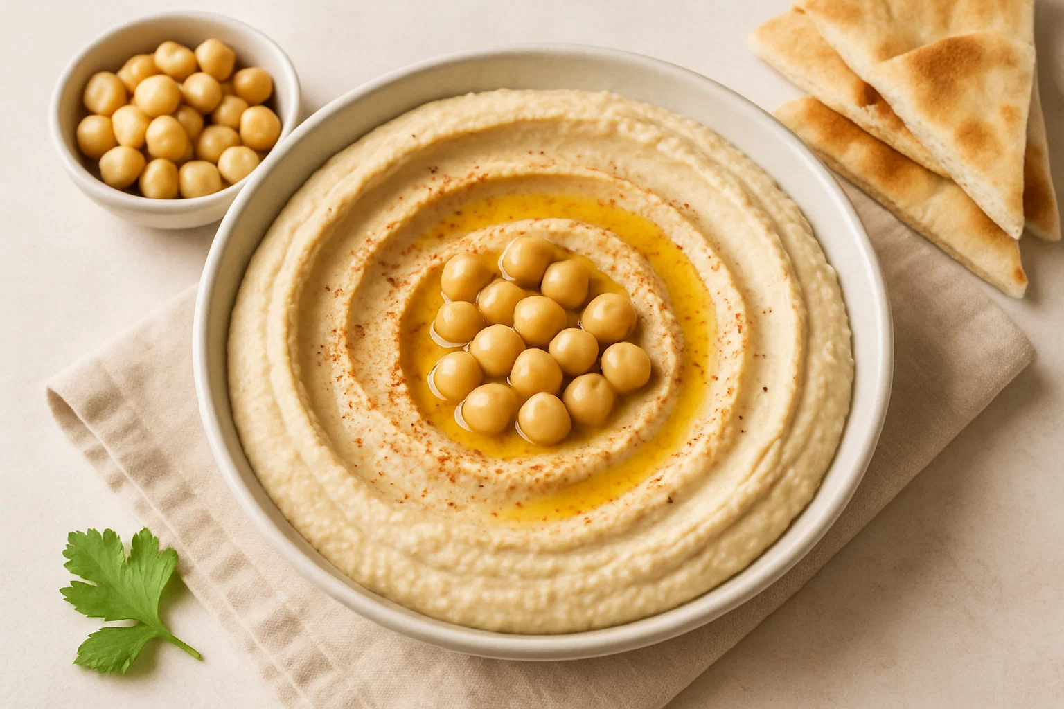 Easy Lebanese hummus with a drizzle of olive oil