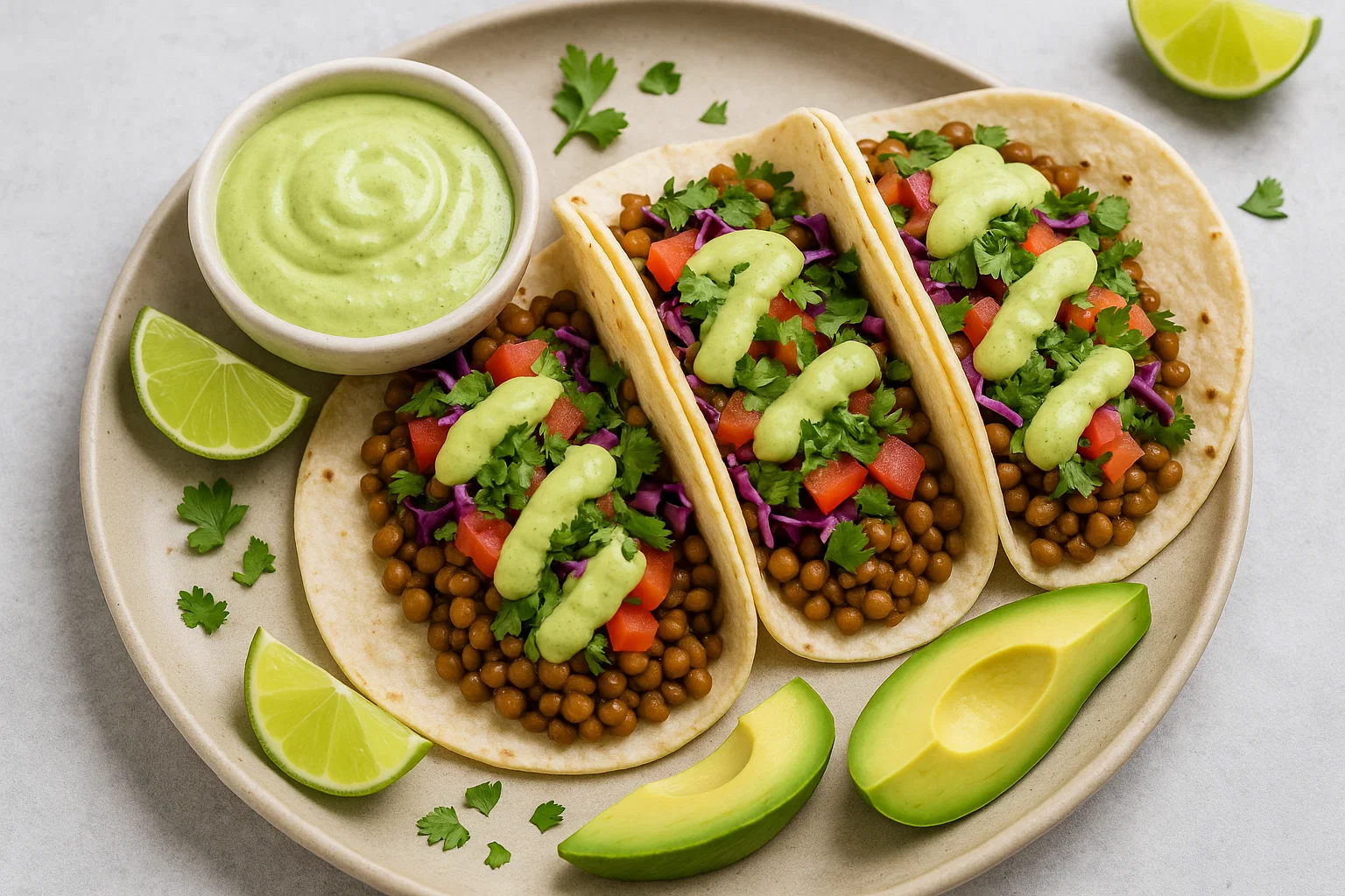 Vegan Lentil Tacos with Avocado-Lime Sauce